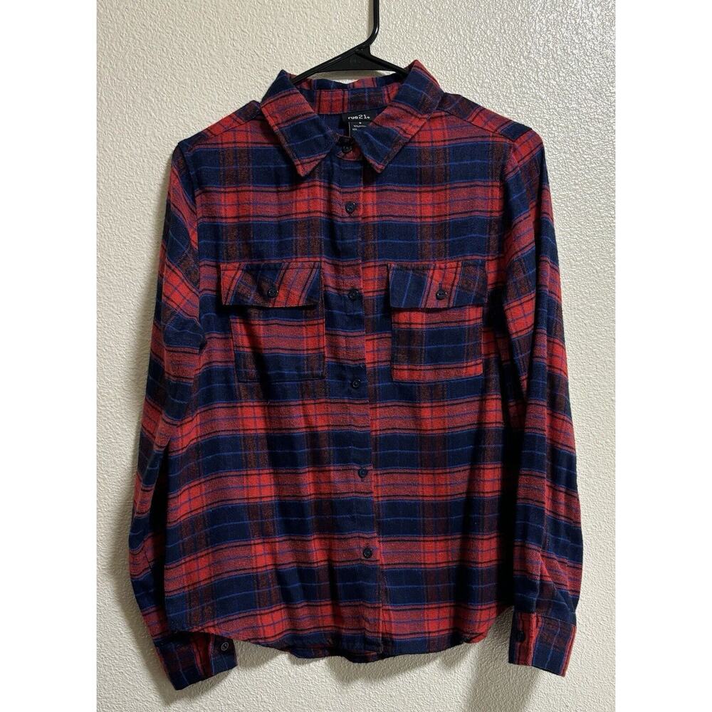 Flannel Plaid Button Up Red Blue Western Rodeo Barn Chore Cowgirl Womens Size M